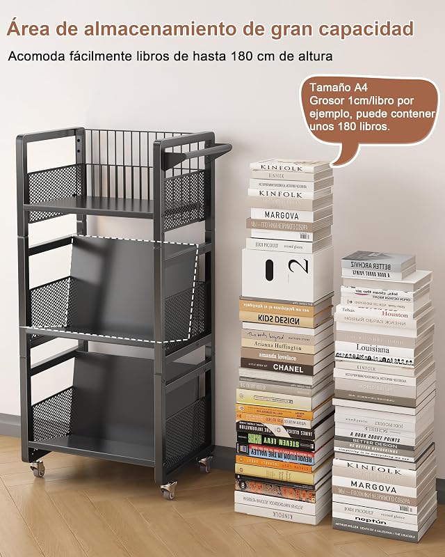 Librería con Ruedas 3 Niveles, Estantería Metálica Móvil, Negro