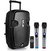Pyle Karaoke Portable PA Speaker System - 1600W Active Powered Bluetooth Compatible Speaker, Rechargeable Battery, Easy Carry Wheels, USB MP3 RCA, FM Radio, 2 UHF Microphone, Remote - Pyle PPHP1599WU