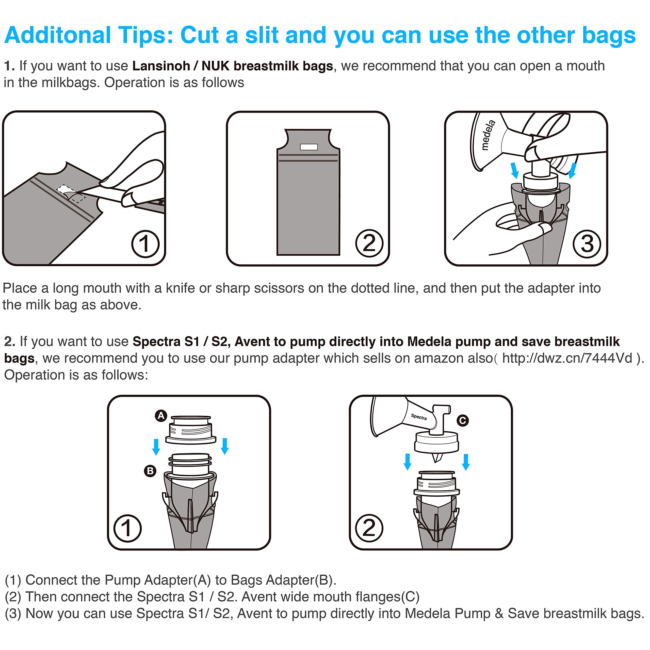 Papablic Breastmilk Storage Bag Adapters for Ameda, Medela Pump into