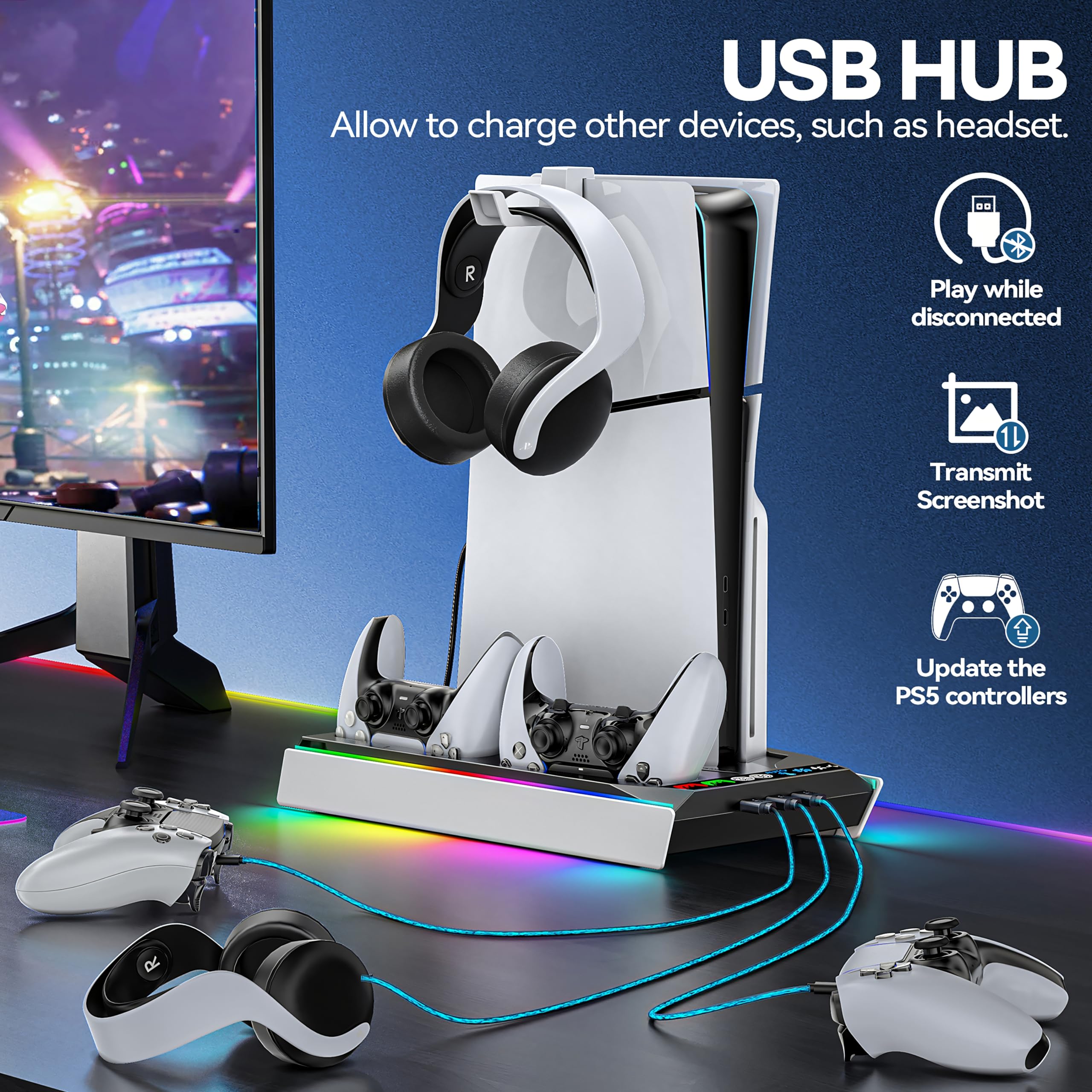 Tokluck PS5/PRO/Slim Ständer mit Automatisch Einstellbarer 3-Stufen-Lüfter für Alle PS5 Konsole, PS5 Standfuß und Controller Ladestation für PS5 & Edge Controller, PS5 Zubehörset 7