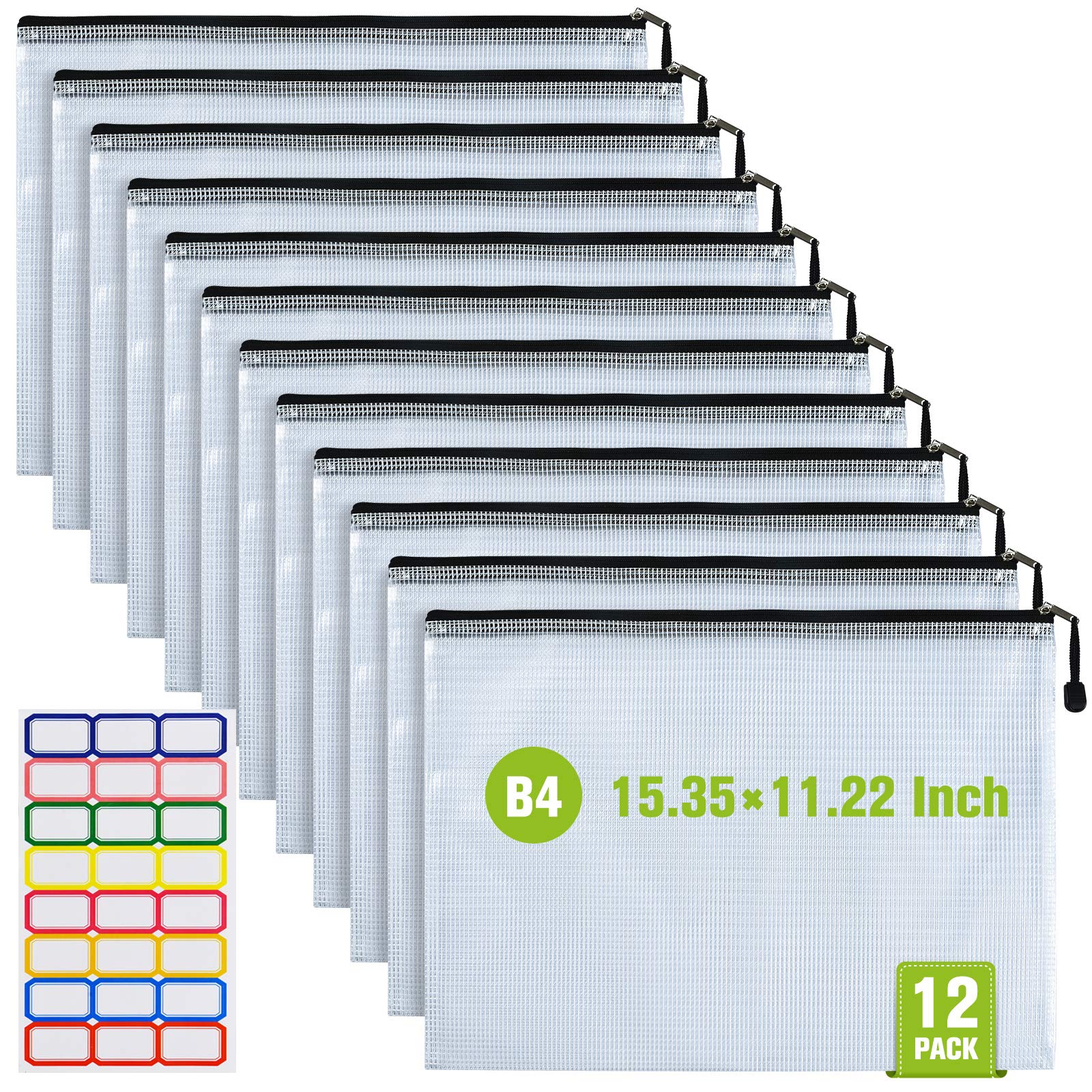Photo 1 of 12 Pcs Plastic Mesh Zip File Bags, Waterproof Tear-Resistant Document File Folders, B4 Size Zipper Documents Pouch Document Organizer Bags for School Office Home Travel Storage(15.35×11.22Inch)