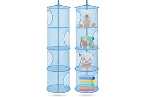 COASTAL ROSE 2Pcs Foldable Hanging Storage Mesh Space Saver Bags Organizer,Foldable Suspension Storage 4 Compartments Toy Storage Organizer for Kid Room Toys, Gloves,Hats,Socks Storage 43.5"x 12" Blue