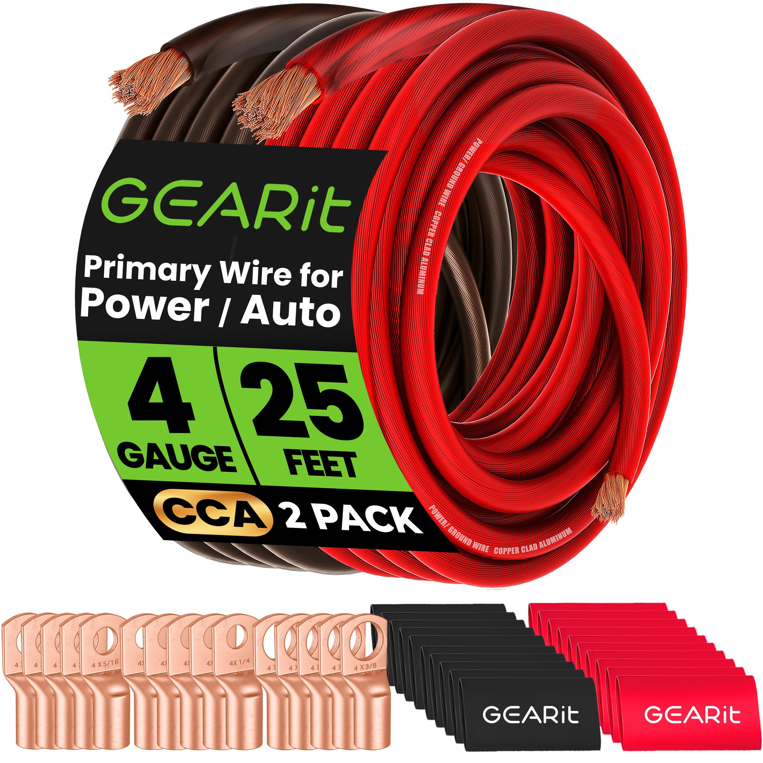 Photo 1 of GearIT 4 Gauge Battery Cable - 15 Lugs, 20 Heat Shrink Wrap, CCA Wire, Amp Kit, 25 Feet Each (Black/Red)