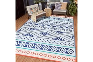 KALAFUN Outdoor Patio Rug Waterproof Camping - 6'x9' Outdoor Rugs Outdoor Carpet, Plastic Straw Area Rug for Patios Clearance RV, Outside Porch Rug Balcony Deck Rug for Camper, Blue Red