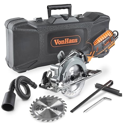 VonHaus 705W Handkreissäge – 3500 U/min mit Absaugstutzen + stabilem Koffer + Vakuumschlauch + (24 Zähne) 115mm Durchmesser –