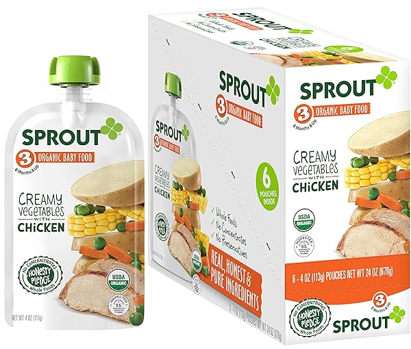 SPROUT ORGANIC BABY FOOD POUCHES STAGE 3, CREAMY VEGETABLES W/ CHICKEN, 4 POUCHES (PACK OF 6) CREAMY VEGETABLES WITH CHICKEN 24 OUNCE