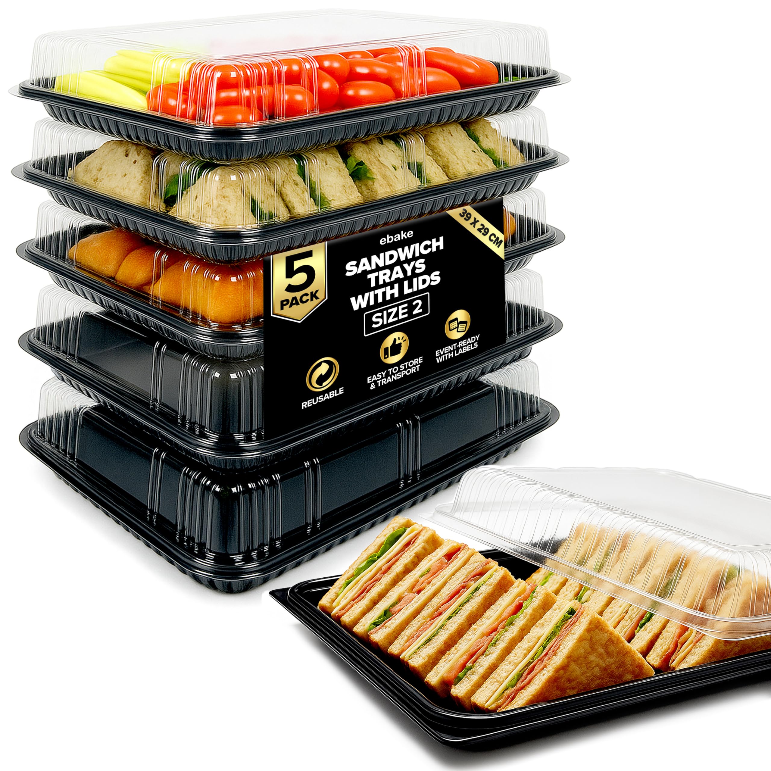 Photo 1 of 5 Pack Catering Trays with Lids – 15" Serving Tray with Lid, Heavy Duty Recyclable Plastic Party Platters for Catering, Buffet, Picnics & Events – Food Trays with Clear Lid (15.35 × 11.42 × 2.95 inch)