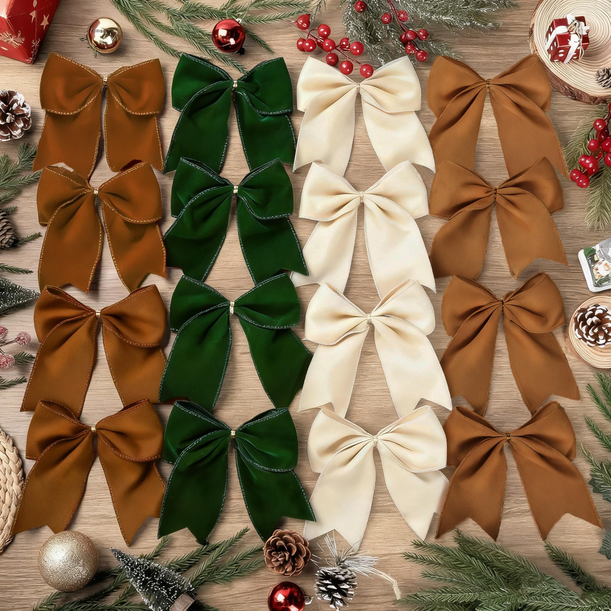 Photo 1 of 16 Pcs Christmas Velvet Bows 6 Inch Vintage Wreath Gift Bows Rustic Xmas Velvet Ribbon Bow Ornaments for Christmas Farmhouse Tree Garland DIY Craft Wrapping Decorations(Brown, Green, Beige, Camel)