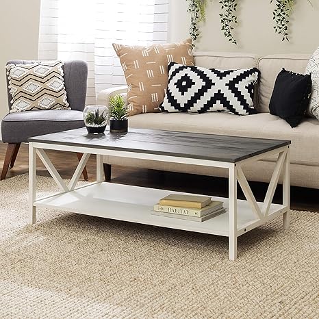 Amazon Com Walker Edison Modern Farmhouse Distressed Wood Rectangle Coffee Table Living Room Ottoman Storage Shelf 49 Inch Grey Wash Furniture Decor