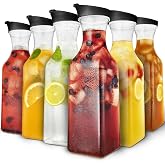 50oz Plastic Juice Carafe with Black Lids (6 Pack) 50 oz Carafes for Mimosa Bar, Drink Pitcher with Lid, Milk Container, Clear Beverage Containers for Fridge, Pantry Storage, Square Pitchers