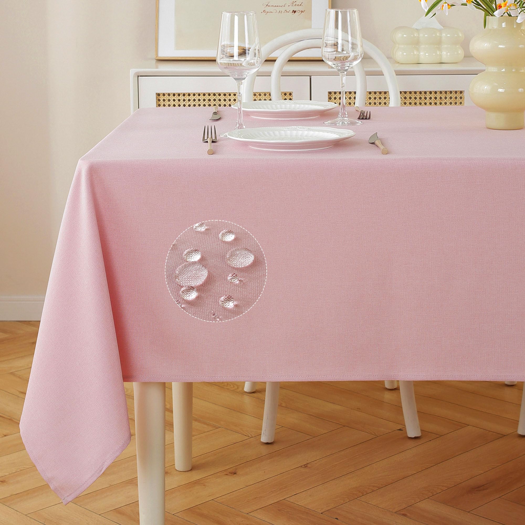 Photo 1 of *** LIGHT PINK *** JIALE Rectangle Tables Cloth, Waterproof Stain Resistant Tablecloth, Wrinkle Free Farmhouse Dining Table Cover, Soft Fabric Table Cloths for Dinner/Party/Holiday, 60 X 84 Inch, Pink