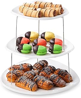 Collapsible Party Tray, 3 Tier - The Decorative Plastic Appetizer Trays Twist Down and Fold Inside for Minimal Storage Space. An Elegant Tray for Serving Sandwiches, Cake, Sliced Cheese and Deli Meat.