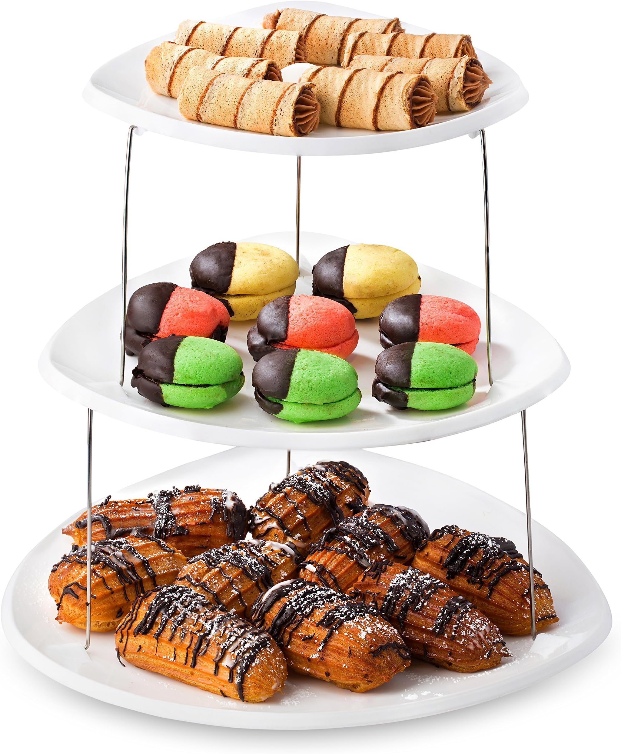 Collapsible Party Tray, 3 Tier - The Decorative Plastic Appetizer Trays Twist Down and Fold Inside for Minimal Storage Space. An Elegant Tray for Serving Sandwiches, Cake, Sliced Cheese and Deli Meat.