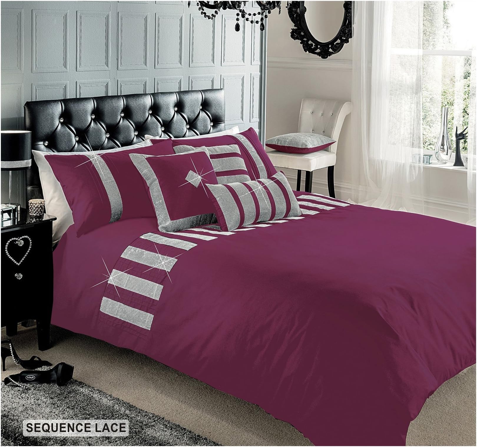Signature Gaveno Cavailia Superior Cotton Diamante Sequence LACE King Duvet Cover Bedding Set - Aubergine