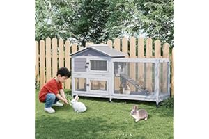 HARMONYHEALTH Rabbit Hutch with Ramp & Waterproof Roof, Bunny Cage for Indoor/Outdoor, 2-Story Design, Rabbit Cage with 6 Lockable Caster Wheels & Three Pull-Out Trays (Grey)