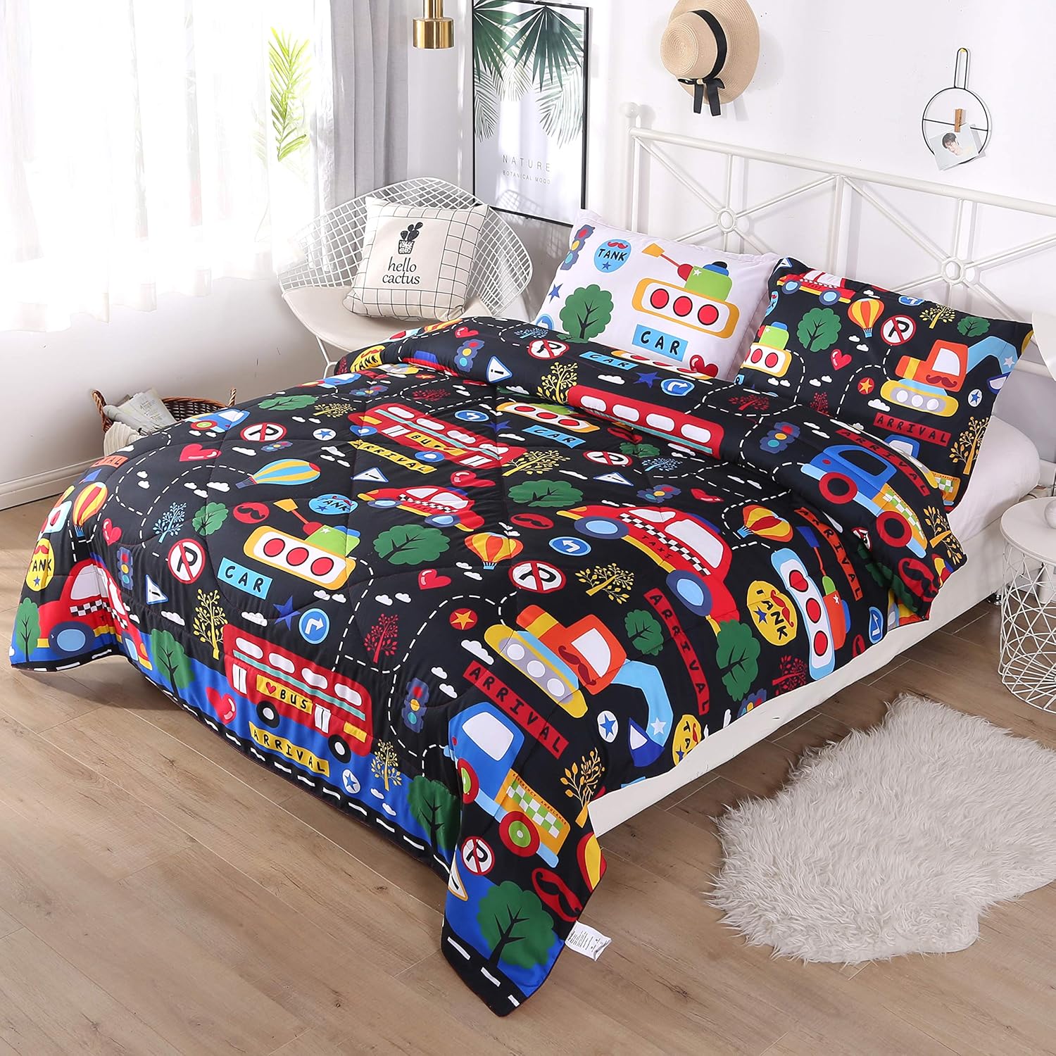 Qucover Comforter Sets Full 3D Car Bedding Set Bed-in-A-Bag 1 Comforter 2 Pillow Covers for Children Boys Kids Black
