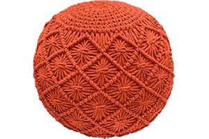 COTTON CRAFT Macrame Braided Pouf - Knitted Cotton Cord Comfortable Round Dori Pouf - Prefilled Ottoman Footrest Bean Bag - Stuffed Boho Moroccan Accent Seating - Nursery Bedroom Dorm - 20x14 - Orange