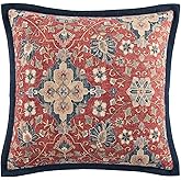 HiEnd Accents Washed Linen Melinda Euro Sham Pillow Cover, 27x27 inch, Navy Blue and Red, Floral Medallion Rustic Traditional Western Style Luxury Bedding
