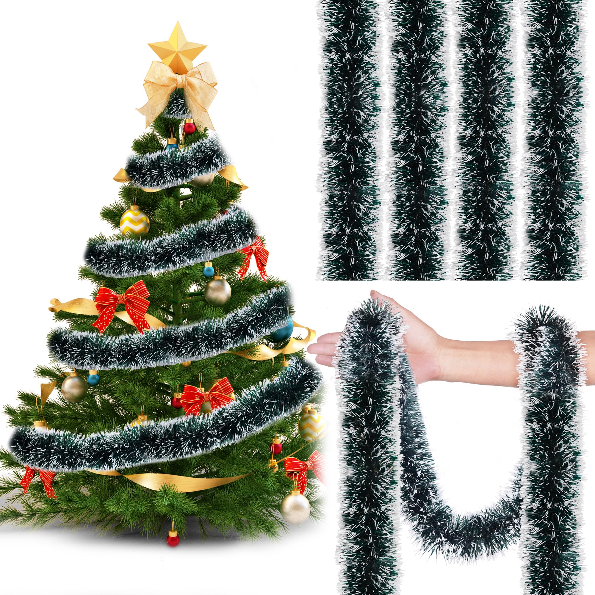 HCSSZ 32.8FT Dark Green Christmas Tinsel Garland Xmas Shiny Garland Metallic Twist Tinsel Thick Hanging Decorations for Christmas Tree Wedding Party Supplies