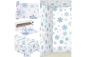 Kochorie 100 Ft x 54 Inch Christmas Snowflake Printed Tablecloth Roll with Cutter Box Disposable Blue and White Winter Snowflake Backdrop Cut to Size Table Cover for Frozen Birthday Party Supplies