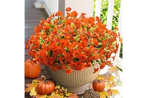 HyeFlora Artificial Fake Fall Autumn Flowers Plants for Outdoor Outside, 12 Bundles Faux Silk Orange Morning Glory UV Resistant Look Real for Front Door Porch Patio Yard Window Box Decoration