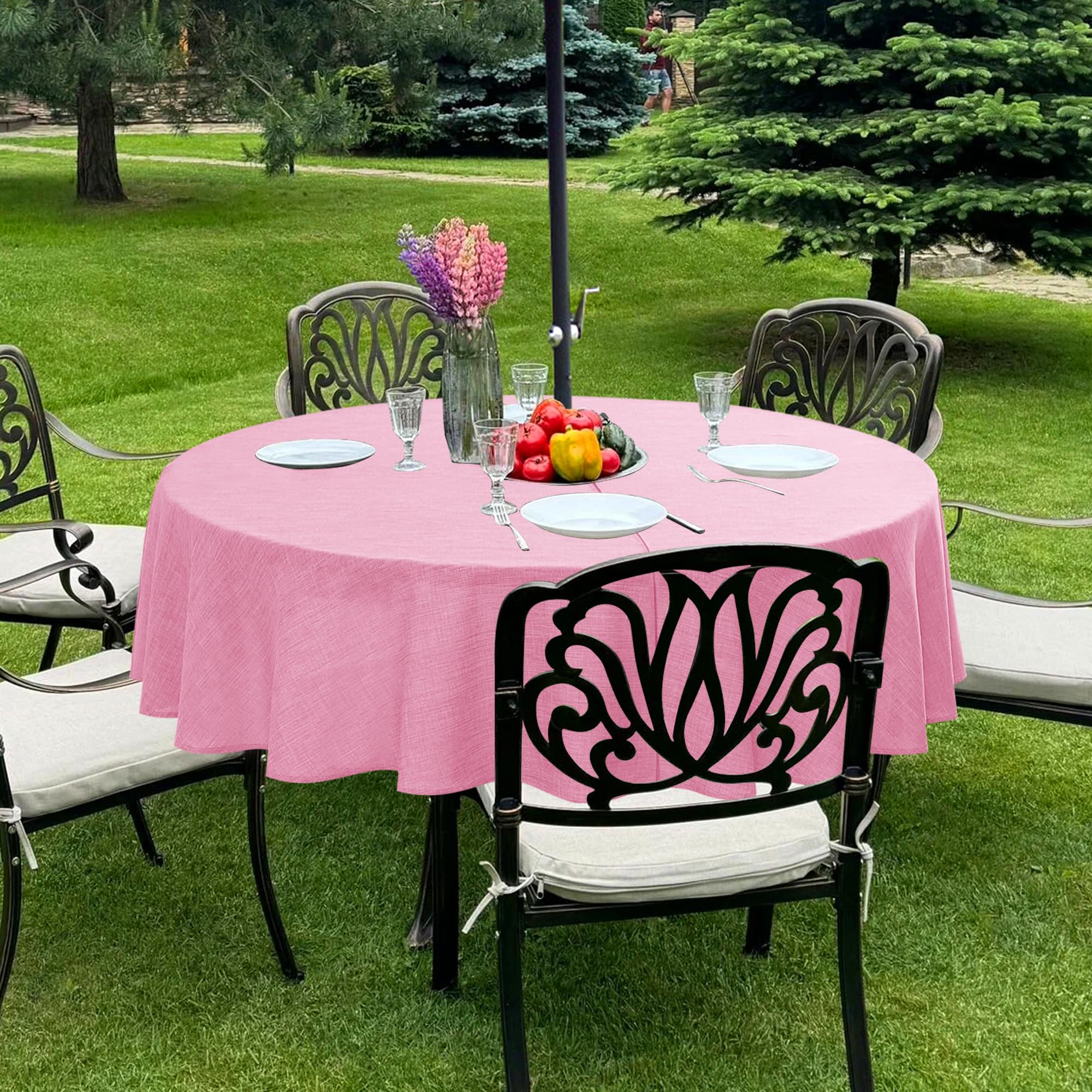 Photo 1 of Outdoor Tablecloth with Umbrella Hole - Patio Table Cloth Zippered Round 60 Inch, Pink Linen-Look Polyester Table Cover Water Resistant for Picnic Outside