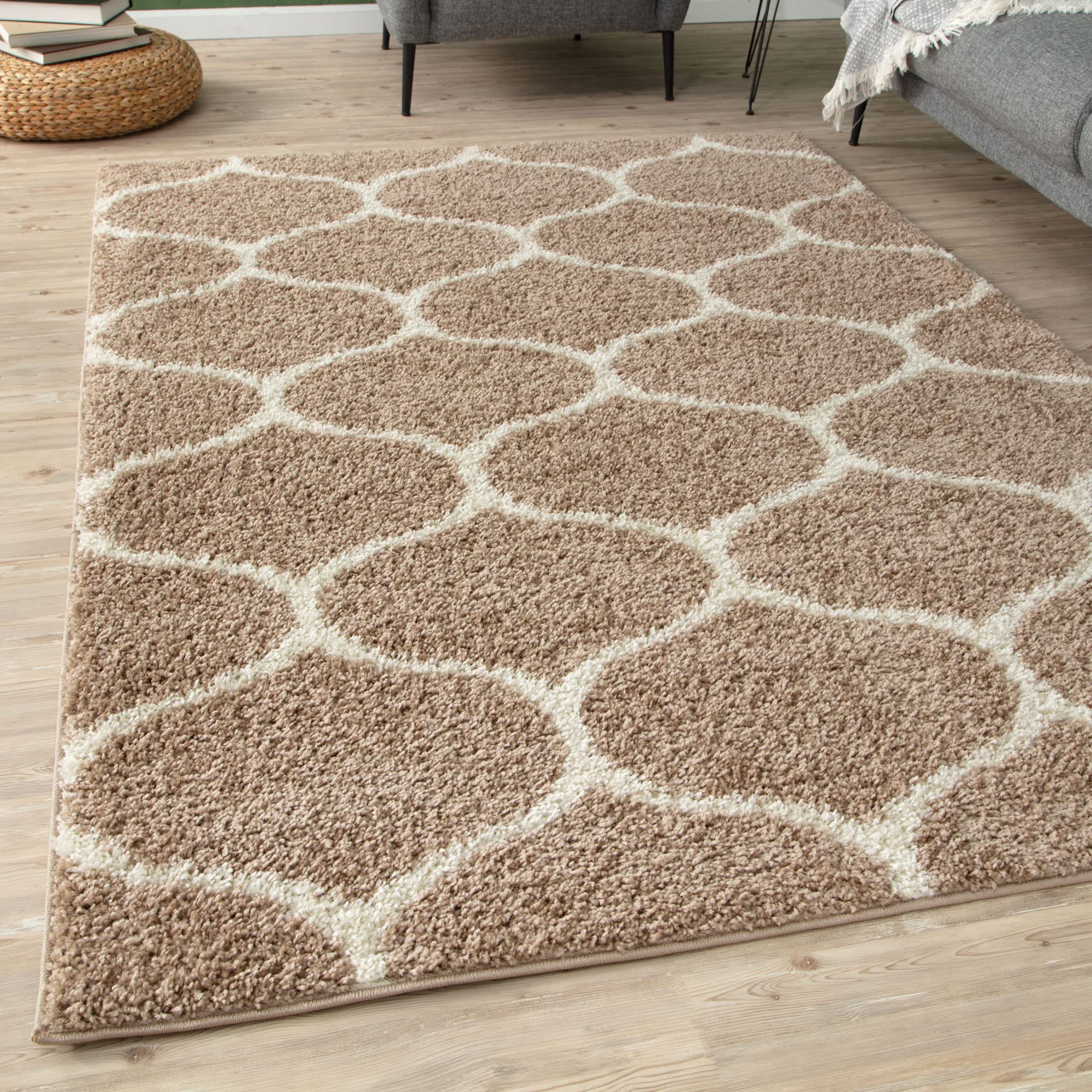 THE RUGS Shaggy Rug – Modern Moroccan Design Rugs for Living Room, Bedroom, Hallway, 3 cm Thick Area Rugs, (Trellis Beige/Ivory, 120x170cm) — image 1