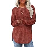 Saloogoe Long Sleeve Shirts for Women 2025 Fall Clothes Tunic Tops Loose Fit Dressy Crewneck Pullover Sweaters Curved Hem