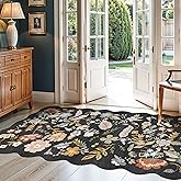 4x8 Rug Non-Slip Washable – Boho Scalloped Runner Rug for Indoor Entryway, Kitchen, Bathroom, Hallway – Low-Pile Thin Floral Wide Carpet Runner for Bedroom, Living Room, Office (Black,4x8)