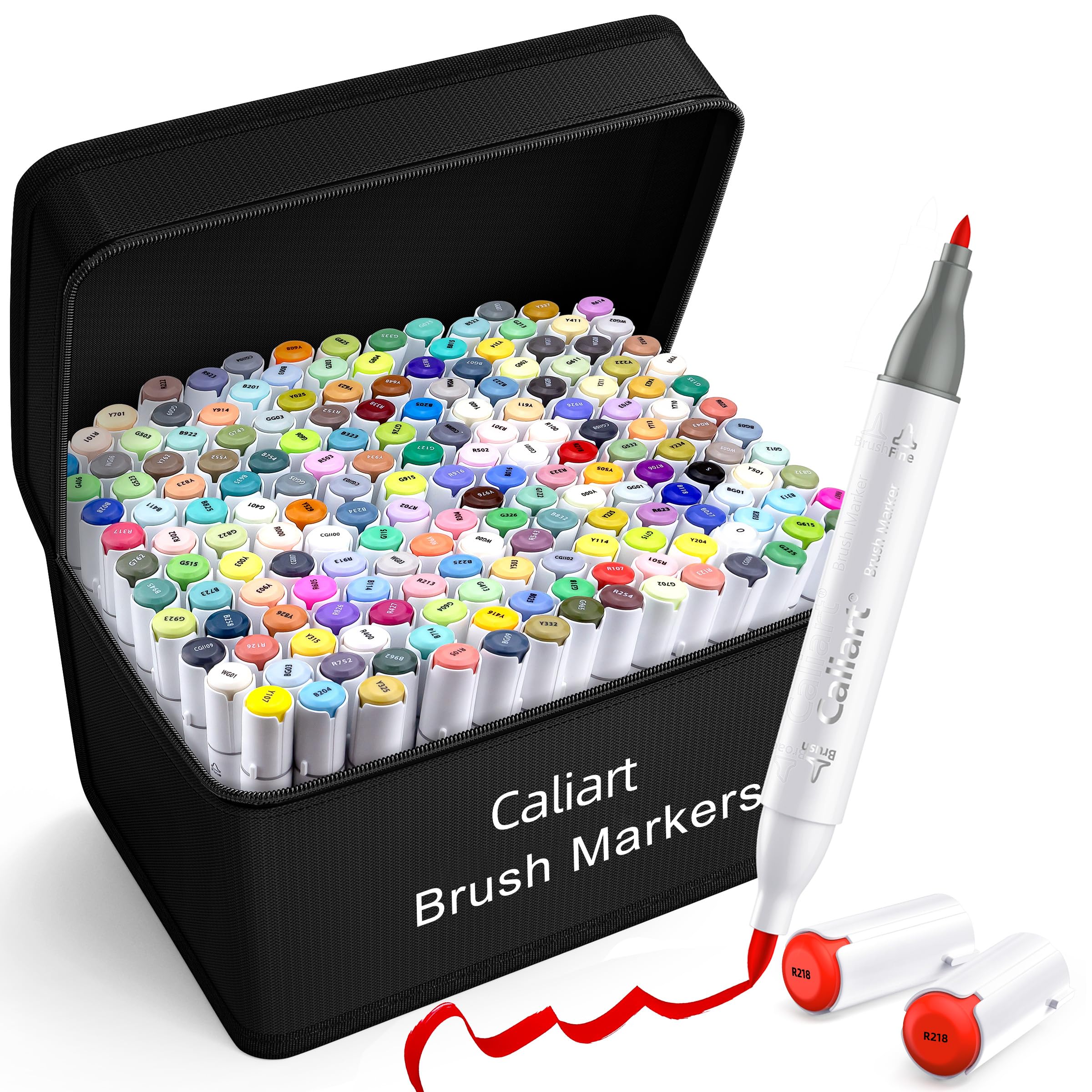 Caliart 180 Colors Alcohol Markers Brush Tip, Dual Tip Artists Coloring Markers Set Brush & Fine, Permanent Alcohol Based Colored Sketch Pens, Art Supplies Gifts for Adults Illustration Drawing Image