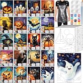 Dispowreath 20 Pack Halloween Pre Drawn Canvas Painting Kits | Cotton Canvases, Paints, Brushes, Palettes and Aprons for Sip and Paint Parties and Date Nights