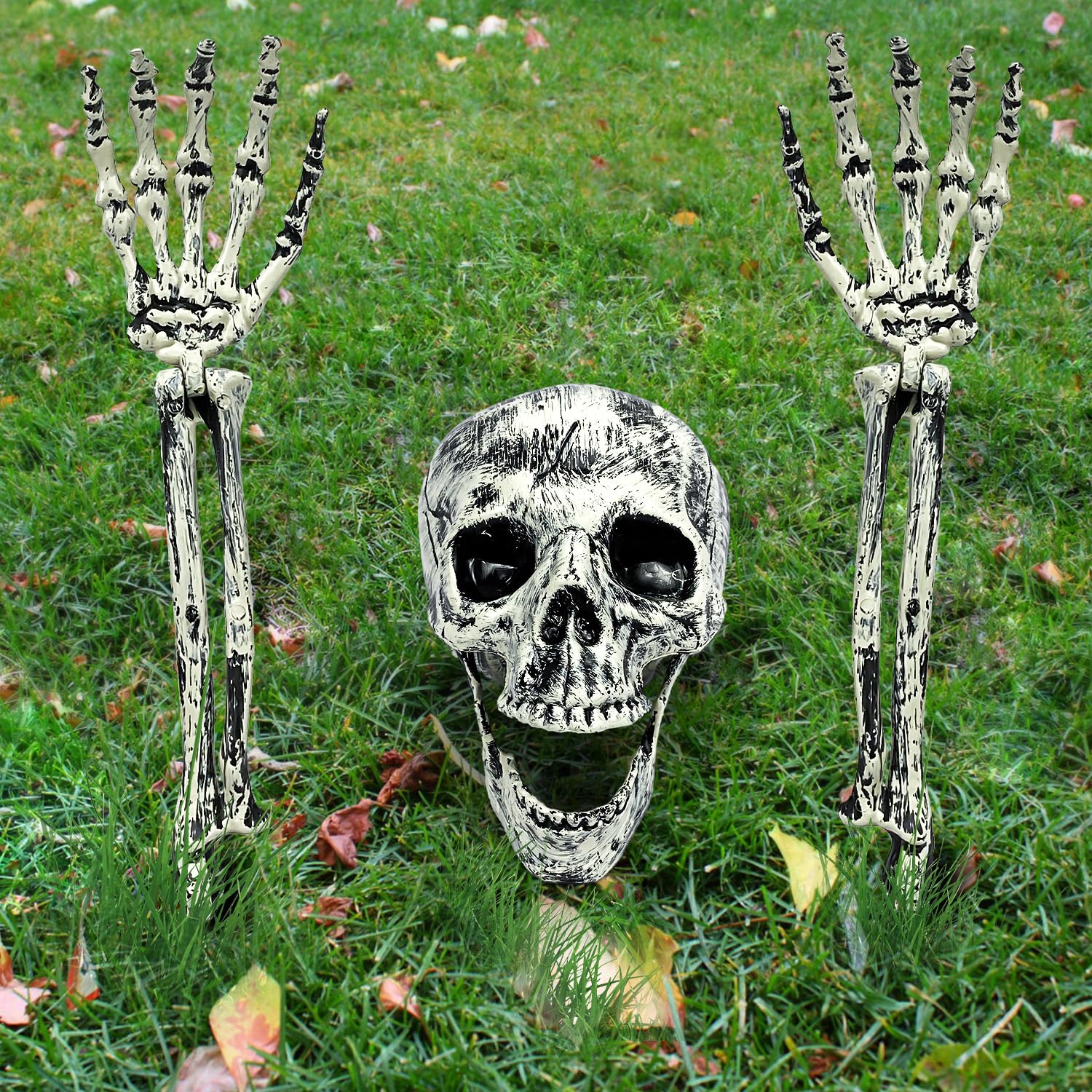 Photo 1 of Halloween Decorations Outdoor Decor, Realistic Skeleton Ground Breaker 3-Piece Set with Skull & Adjustable Arms for Scary Yard, Lawn Graveyard Displays