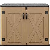 DWVO Outdoor Storage Shed, Weatherproof Resin, 35 Cu Ft Capacity, Horizontal Design, X-Shaped Lockable Door, Suitable for Bike, Garden Tools, Trash Cans, Brown