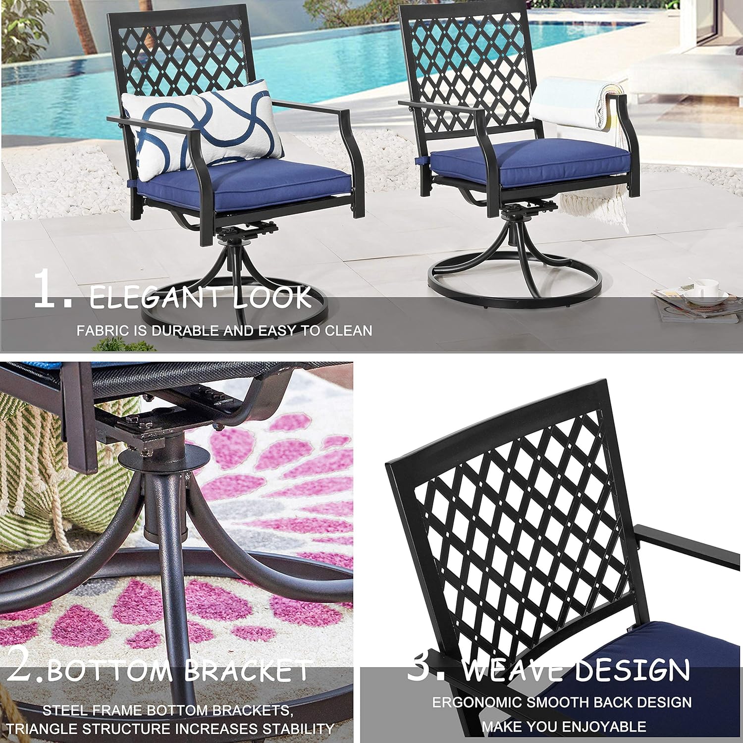 LOKATSE HOME Outdoor Patio Dinning Swivel Chairs Rocker Set of 2 Metal for Garden Backyard Furniture, Blue Cushions: Garden & Outdoor