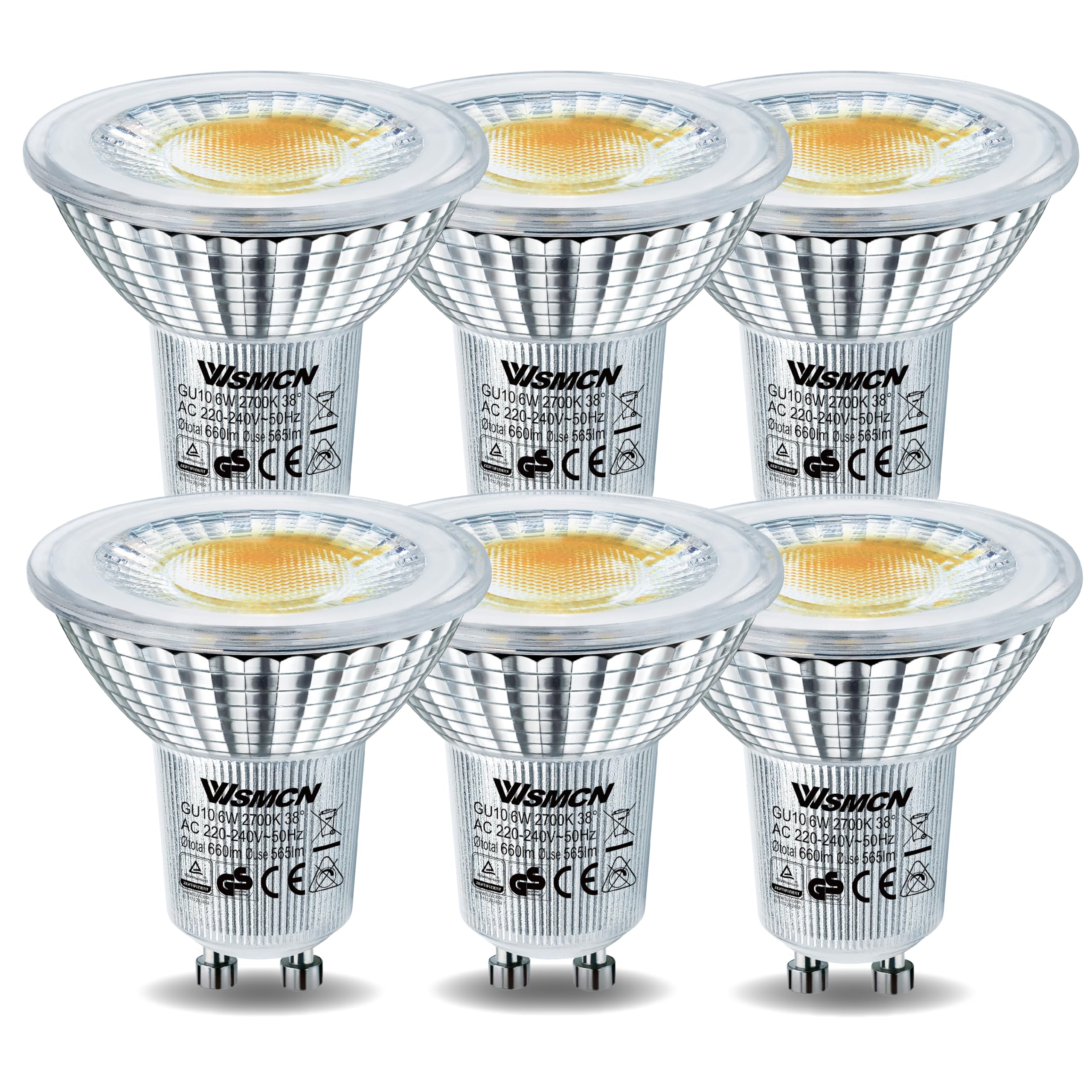WSMCN GU10 LED Bulbs 6W, Warm White 2700K 565lm, 75W Halogen Bulb Equivalent, Energy Saving Light Bulbs, PAR16 Spotlight Bulb, 38°Beam Angle, Non Dimmable, Pack of 6