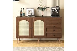 Merax Farmhouse Sideboard Cabinet with 2 Rattan Doors & 2 Storage Drawers, 51.1"x15.7"x29.9", Magnetic Closure/Adjustable She