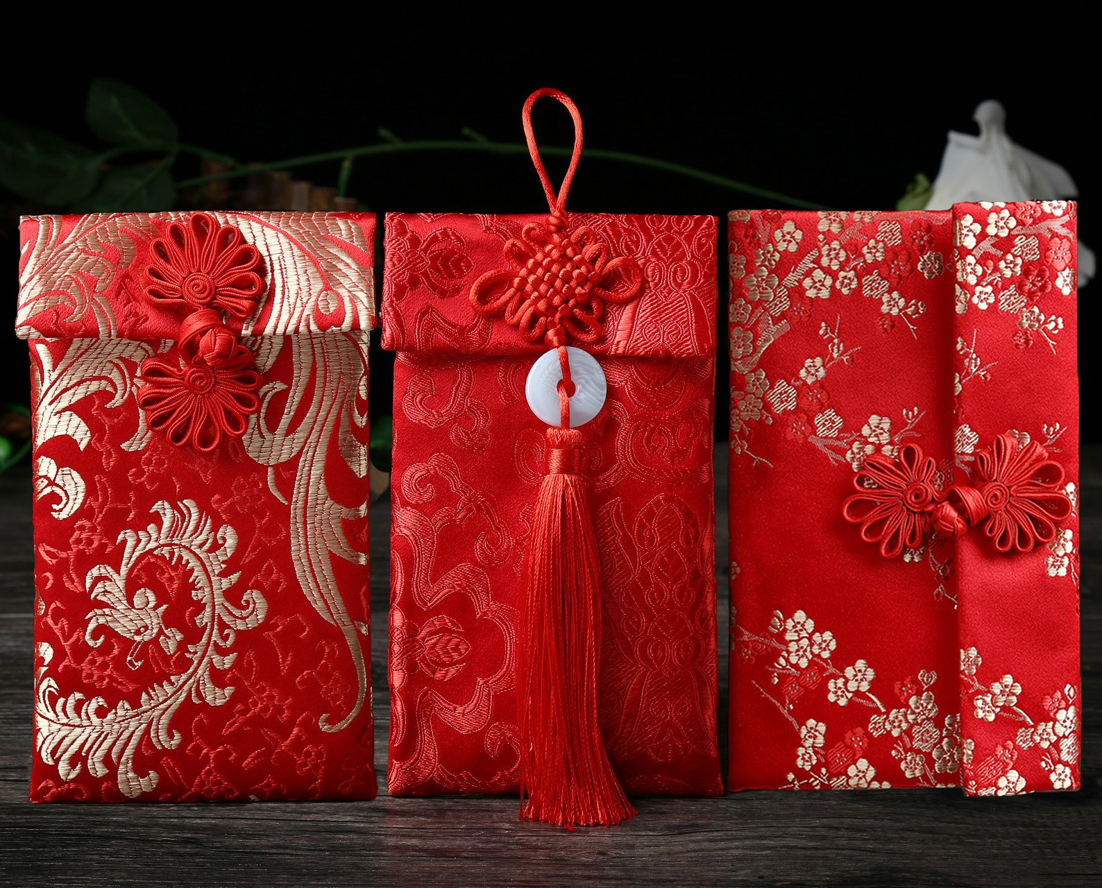 Silk Red Envelopes,3pcs Chinese Element HongBao Card Envelopes Gift Wrap Bags Red Lucky Money Pockets for New Year,Spring Festival,Birthday and Wedding