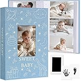 EARLY MINDS Baby Photo Album 4x6 300 Pockets with Memo Area & Hand and Footprint Kit, Linen Cover Slip-in Memory Book with Front Window, Acid-Free Keepsake for Newborn Boy Girl, First Year Moments