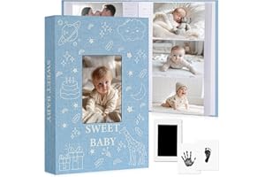 EARLY MINDS Baby Photo Album 4x6 300 Pockets with Memo Area & Hand and Footprint Kit, Linen Cover Slip-in Memory Book with Front Window, Acid-Free Keepsake for Newborn Boy Girl, First Year Moments