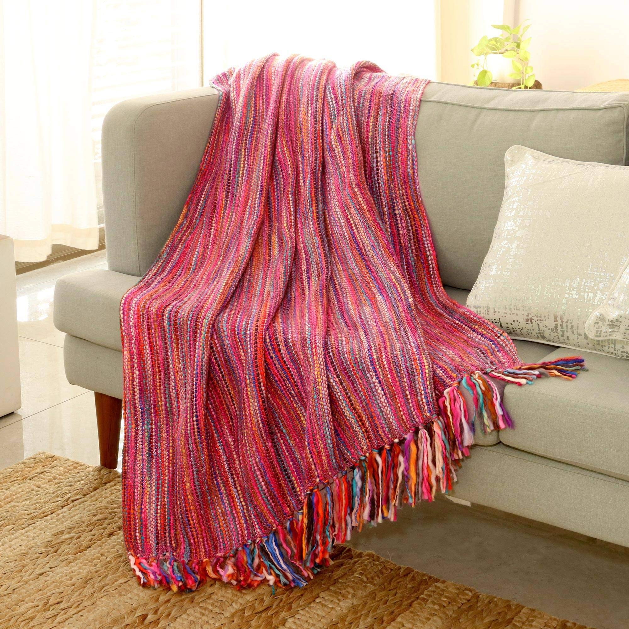 NOVICA Bright Purple Colorful Rainbow Woven Sofa Throw Blanket 'Joyous