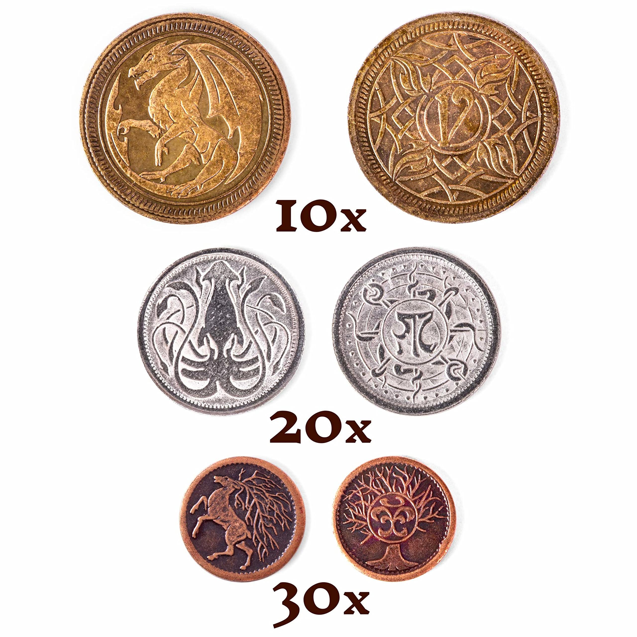The Dragon's Hoard: 60 Real Metal Fantasy Coins with Leather Pouch | Board Game Accessory for Tabletop RPG Role-Play Strategy Games | Bronze, Silver, and Gold Colored Coins