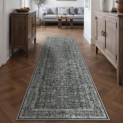 Tiefschwarz Vintage Teppich Läufer Flur 60x240cm Waschbar