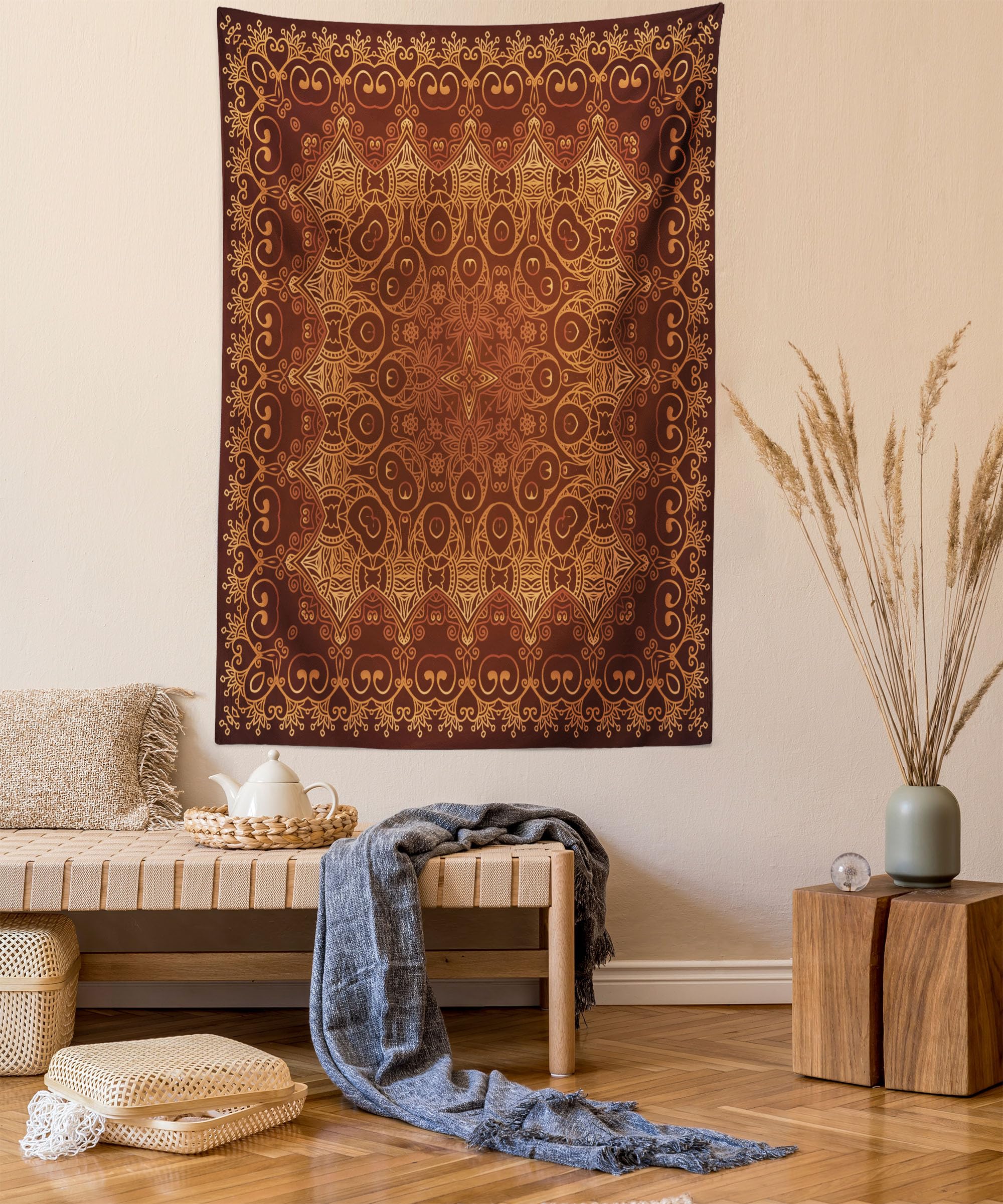 ABAKUHAUS Antique Tapestry, Vintage Lacy Persian Pattern from Ottoman Empire Palace Carpet Style Art, Fabric Wall Hanging Decor for Bedroom Living Room Dorm, 43 W X 58 L, Orange Brown