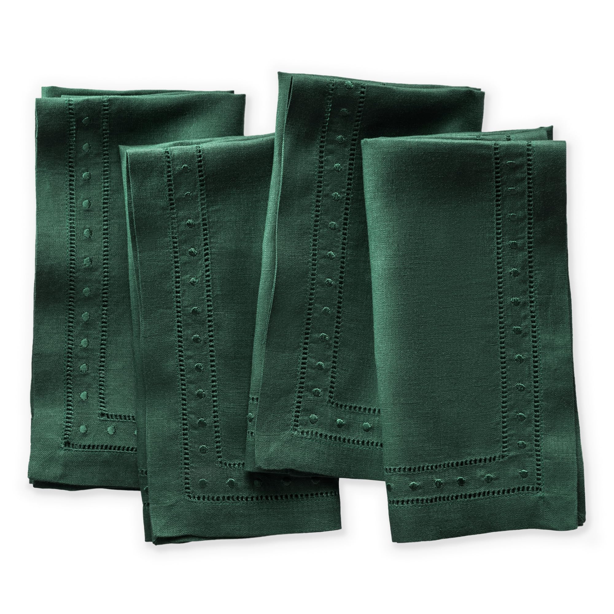 O'lucio Linen Napkins Cloth - Forest Green 45 x 45 cm, Set of 4 Linen Hemstitch Dinner Napkins with Embroidered Dot - Cloth Napkins Washable Handcrafted from French Linen for Spring, Summer Holidays