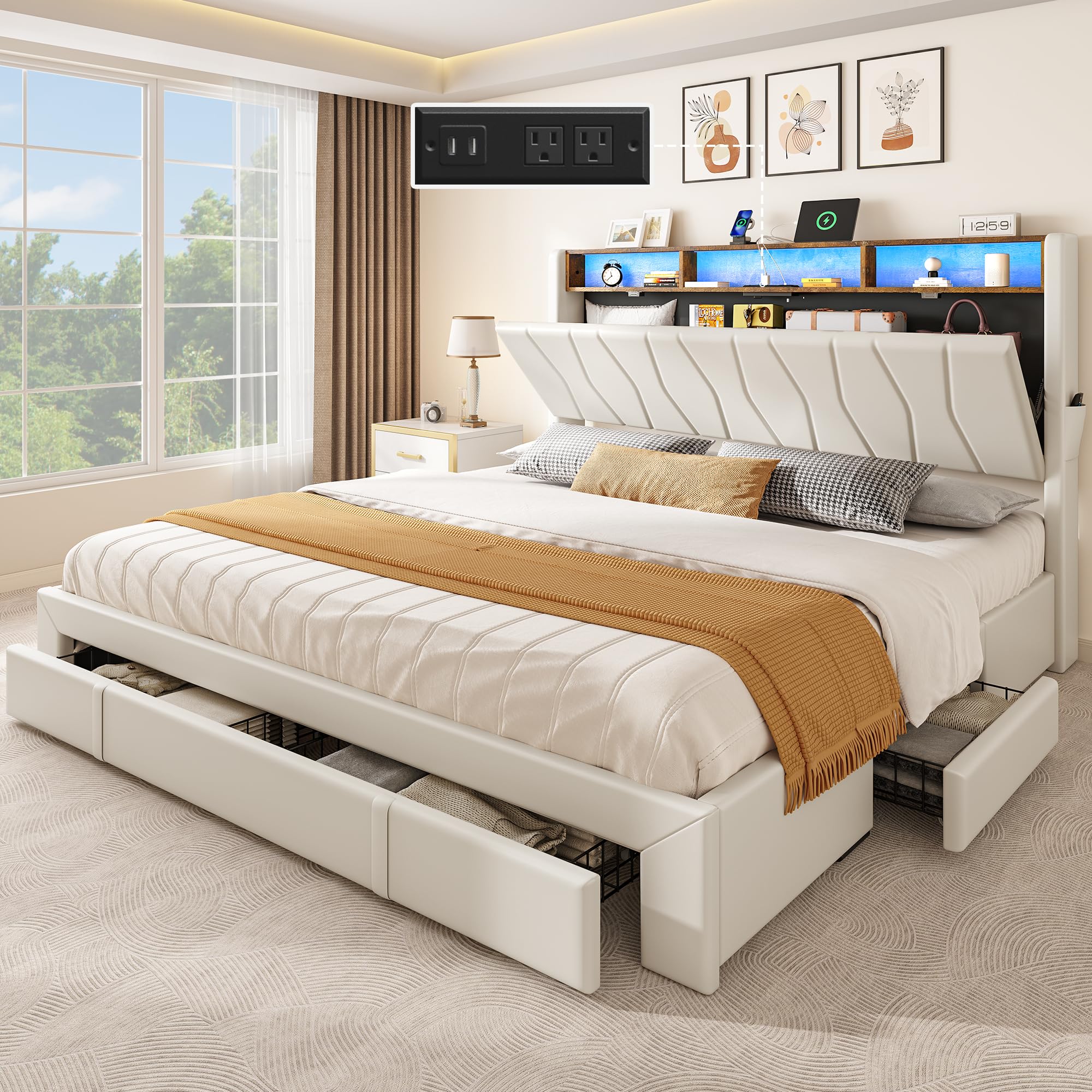 Photo 1 of [Partial Set] YITAHOME Queen Size Bed Frame, Storage Bed Frame with 4 Drawers & LED Light, Platform Bed with Storage Upholstered Headboard and Charging Station, No Box Spring Needed, Easy Assembly, Beige