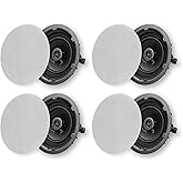 Micca 6.5" 2-Way in Ceiling or Wall Round Speakers, 4 Pack, 6.5 Inch Woofer, 8" Cutout Diameter, Low Profile Rimless Design, for Indoor Rooms or Covered Outdoor Porches, White, Paintable