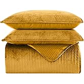 Elegant Comfort Luxury 3-Piece Velvet Corduroy Stripe Quilt Set, Ultra Soft Bedspread - Cozy Velvet Coverlet Set - 3PC Medium Weight Quilted Set with Matching Pillow Shams, Queen, Gold