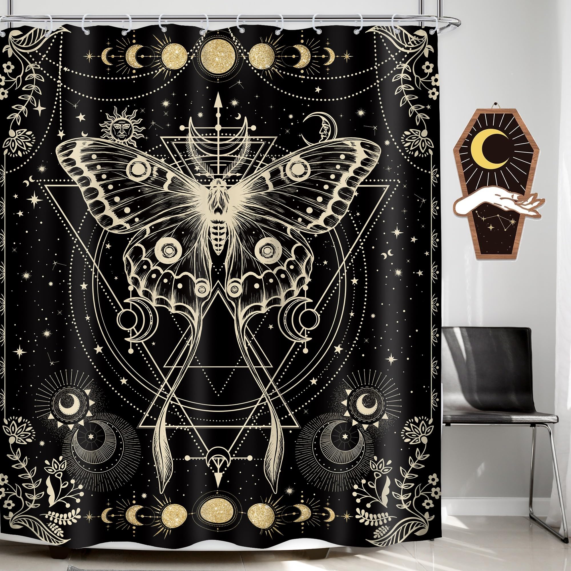 LGhtyro Gold Moth Shower Curtain 60Wx71H Inch Moon Phase Shower Curtain Bathroom Set Gothic Black Butterfly Moonlit Bath Curtain Witchy Tarot Halloween Bathtub Accessories Decor for Teens