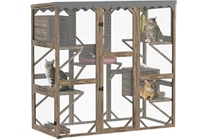 PawHut Catio Outdoor Cat Enclosure, Wooden Cat House with Window Access, 5 Platforms and 2 Resting Box, Waterproof Roof, Kitty Cage for Multiple Kittens, 59" H, Brown