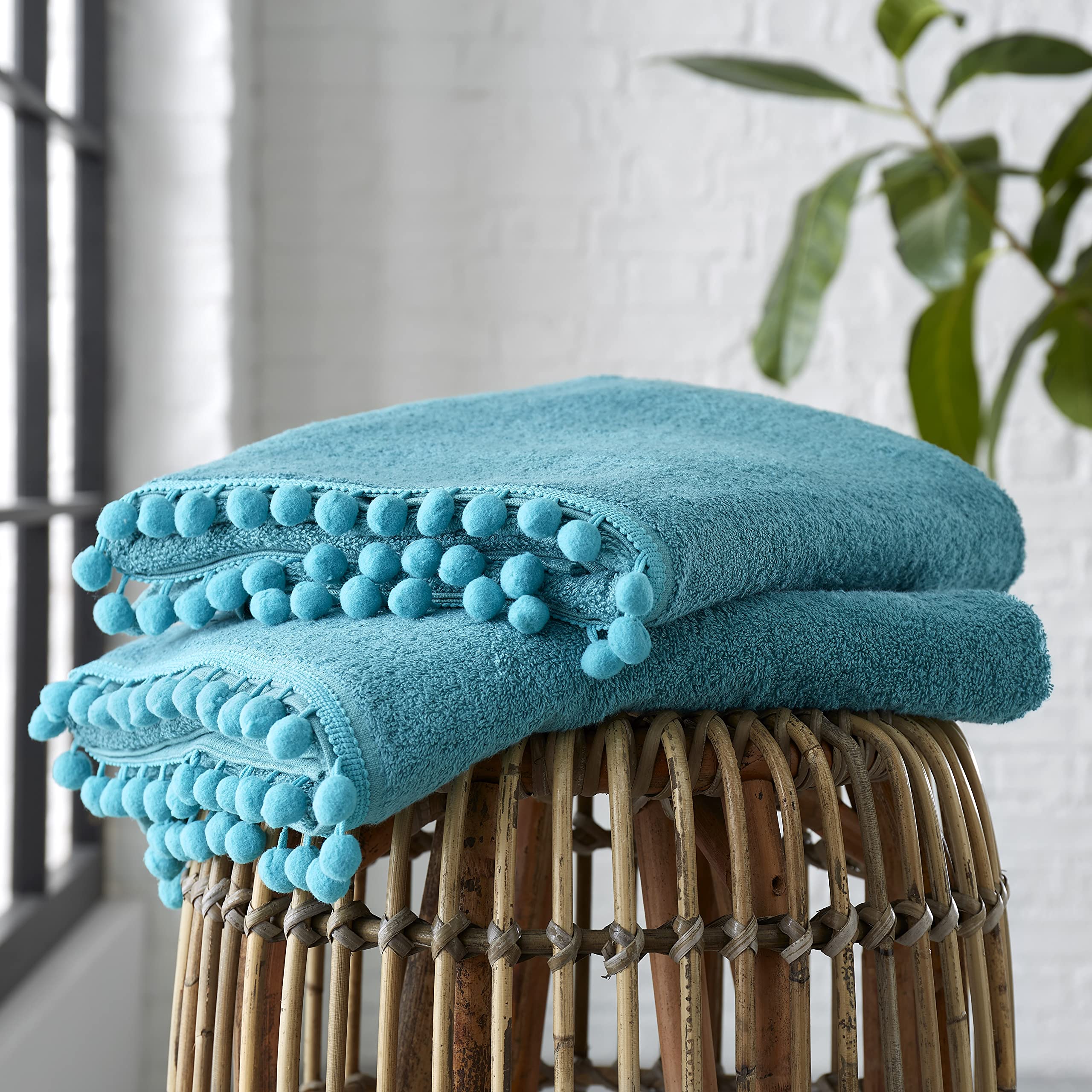 GC GAVENO CAVAILIA Luxury 2PK Pom Pure Cotton 550 GSM Hand Towels OR Ultra Soft Super Absorbent, Egyptian, Teal, Pack of 2 Bath Sheet